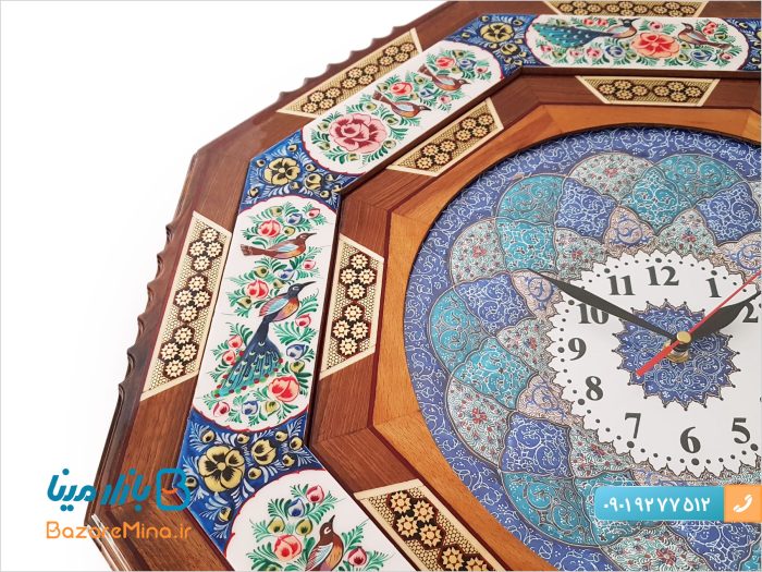 ساعت گل و مرغ خاتمکاری شده برجسته هشت گوش