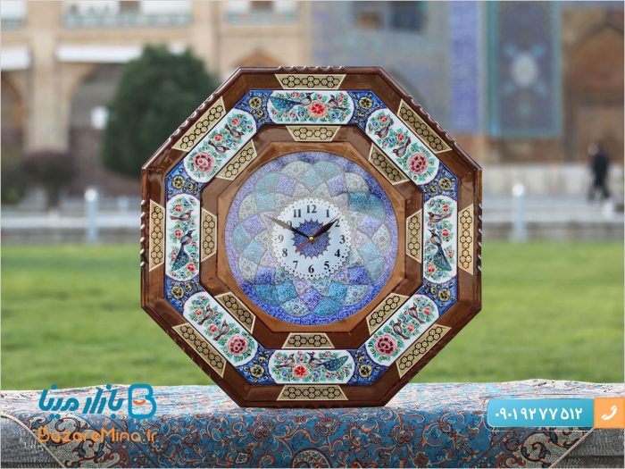 ساعت گل و مرغ خاتمکاری شده برجسته هشت گوش