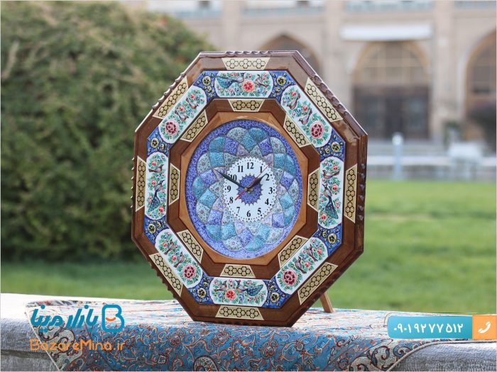 ساعت گل و مرغ خاتمکاری شده برجسته هشت گوش