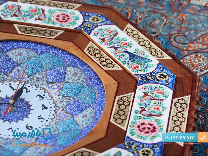 ساعت گل و مرغ خاتمکاری شده برجسته هشت گوش