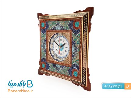 ساعت دیواری مینا با قاب خاتم مربع