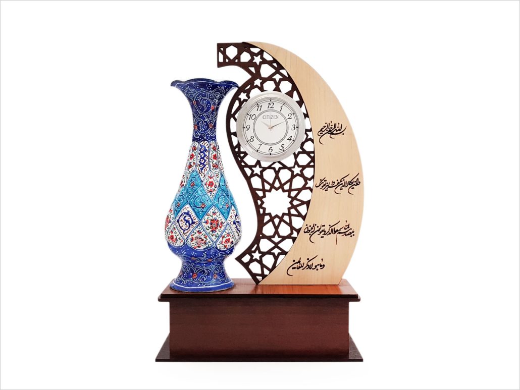تندیس هدیه گلدان میناکاری مهر و ماه با ساعت