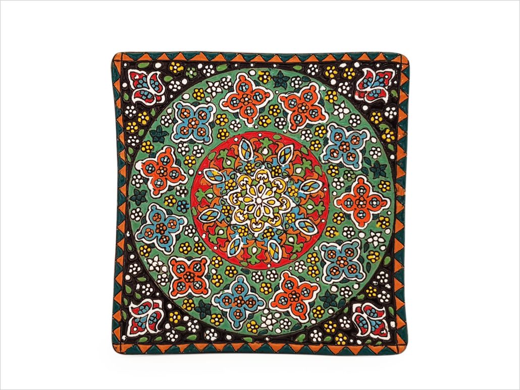 بشقاب سفالی مینا کاری چهار گوش