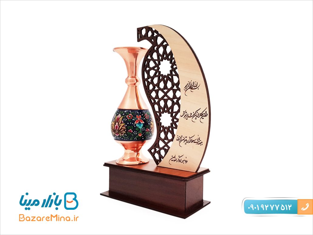 تندیس گلدان مس و پرداز طرح مهر و ماه