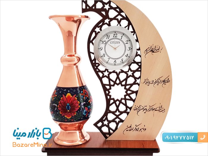 تندیس ساعت دار مس و پرداز طرح مهر و ماه