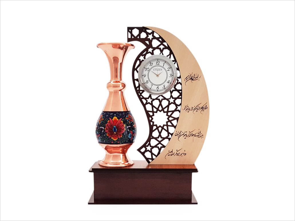 تندیس ساعت دار مس و پرداز طرح مهر و ماه