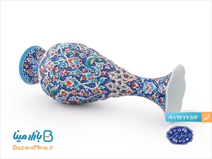 گلدان میناکاری برجسته طرح گل و مرغ استاد اسماعیلی
