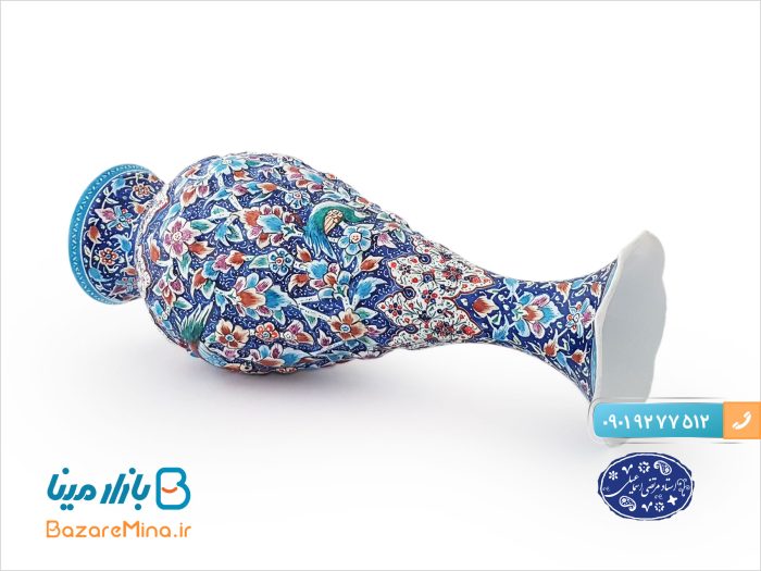 گلدان میناکاری برجسته طرح گل و مرغ استاد اسماعیلی