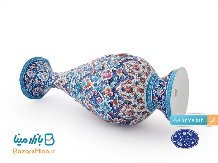 گلدان میناکاری برجسته طرح گل و مرغ استاد اسماعیلی