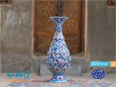 گلدان میناکاری برجسته طرح گل و مرغ استاد اسماعیلی