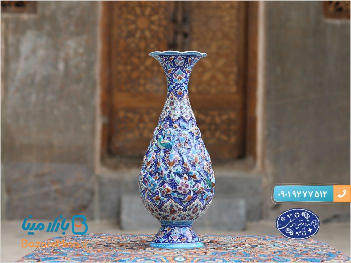 گلدان میناکاری برجسته طرح گل و مرغ استاد اسماعیلی