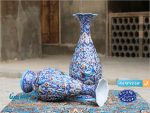 گلدان میناکاری برجسته طرح گل و مرغ استاد اسماعیلی