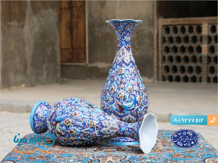 گلدان میناکاری برجسته طرح گل و مرغ استاد اسماعیلی