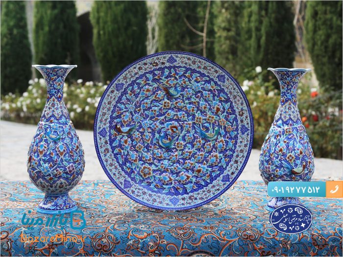 گلدان میناکاری برجسته طرح گل و مرغ استاد اسماعیلی
