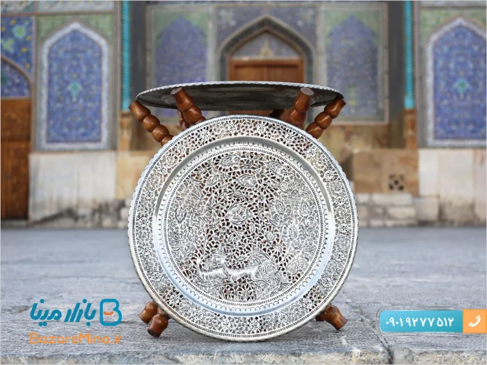 سینی مشبک قلمزنی طرح گل و مرغ