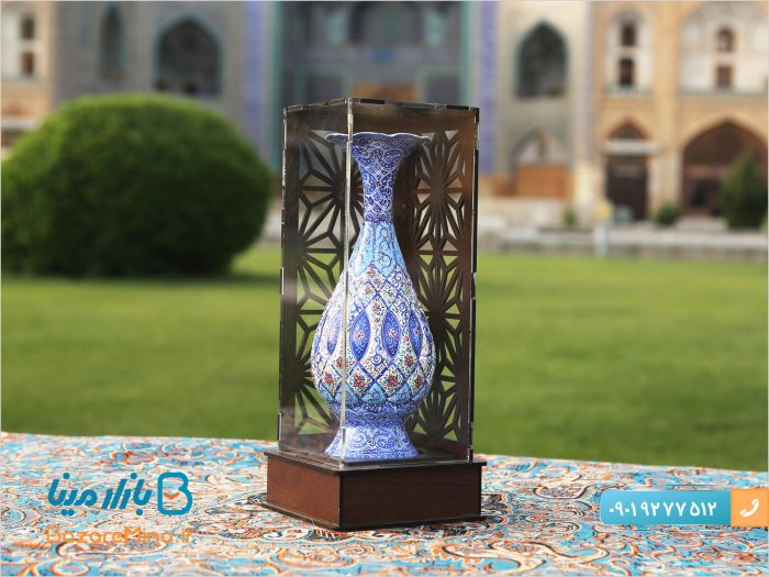 گلدان میناکاری اصفهان با جعبه چوب و پلکسی