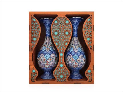 جفت گلدان مسی میناکاری 25 سانتی با جعبه چوبی