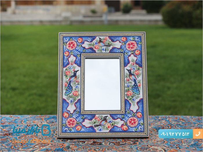 آینه چوبی خاتم کاری نقاشی گل و مرغ