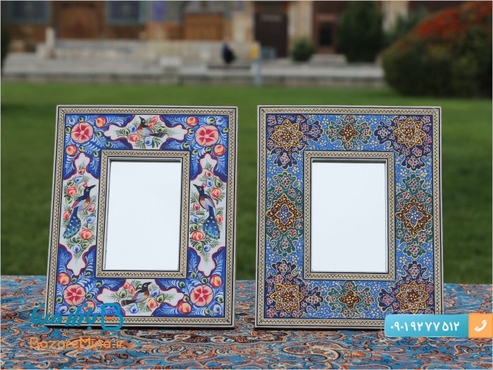 آینه چوبی خاتم کاری نقاشی گل و مرغ
