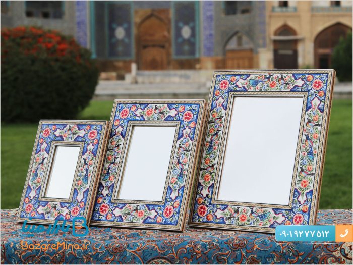 آینه چوبی خاتم کاری نقاشی گل و مرغ