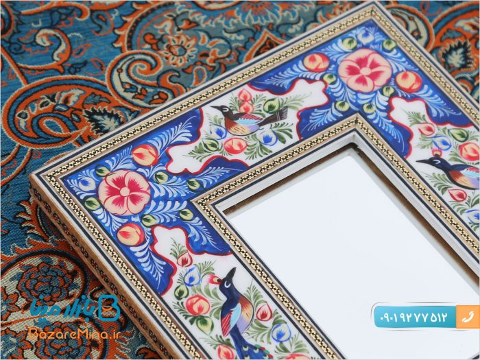 آینه چوبی خاتم کاری نقاشی گل و مرغ