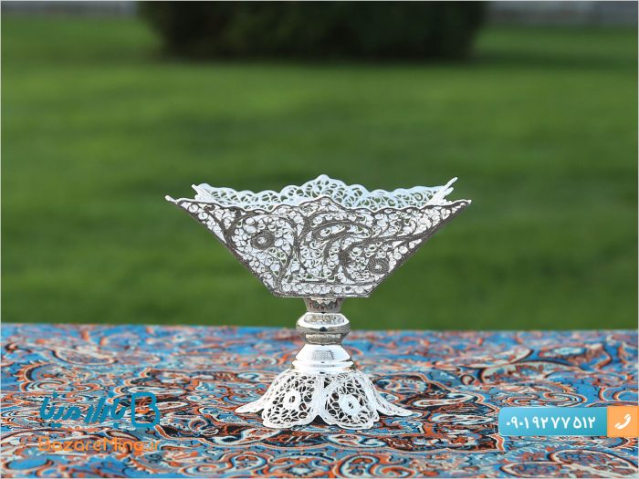 کاسه آجیل خوری چهار گوش پایه دار ملیله کاری