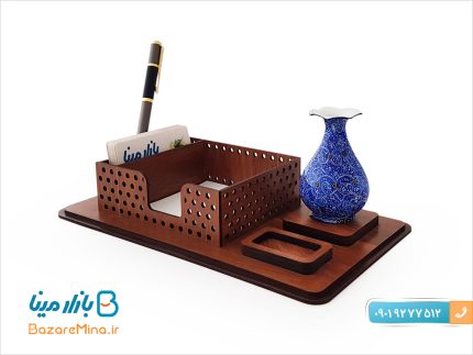جای کاغذ یادداشت چوبی و گلدان میناکاری