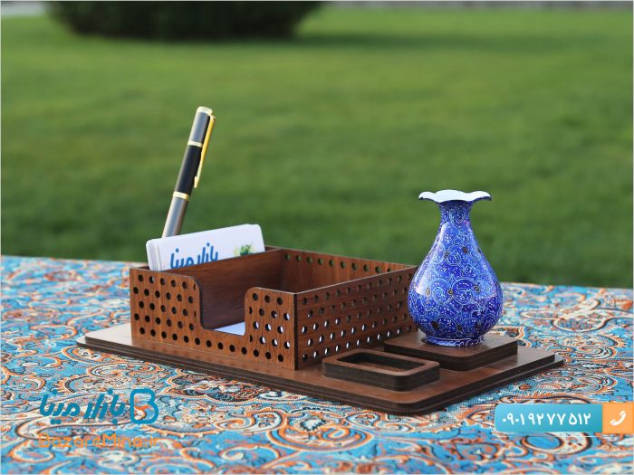 جای کاغذ یادداشت چوبی و گلدان میناکاری