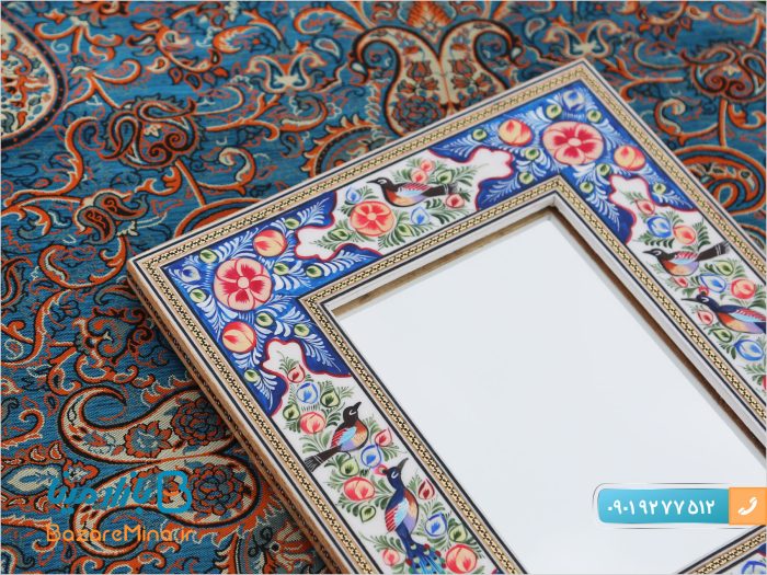 آینه مستطیل خاتم کاری نقاشی گل و مرغ سایز متوسط
