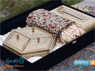 باکس هدایای خاتم کاری شکلات خوری، جای دستمال کاغذی و سفره قلمکار