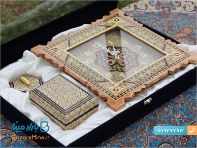 ست خاتم کاری شده ساعت دیواری، جعبه و جاقلمی