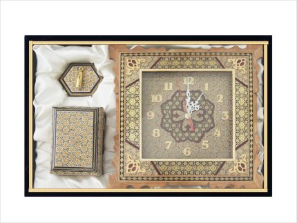 ست خاتم کاری شده ساعت دیواری، جعبه و جاقلمی