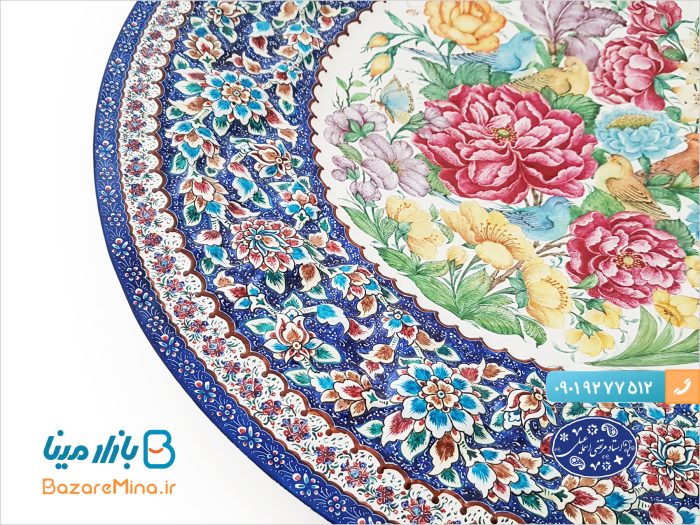 بشقاب میناکاری گل و مرغ اعلا اثر استاد مرتضی اسماعیلی