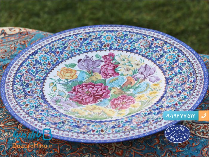 بشقاب میناکاری گل و مرغ اعلا اثر استاد مرتضی اسماعیلی