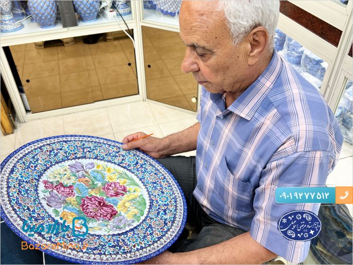 بشقاب میناکاری گل و مرغ اعلا اثر استاد مرتضی اسماعیلی