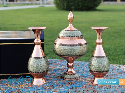 ست گلدان مسی 20 سانتی و شکلات خوری متوسط خاتم کاری اصفهان